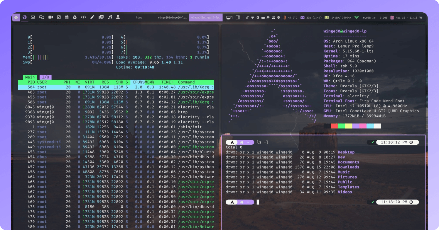 Jeff Winget Qtile rice setup with Dracula Theme